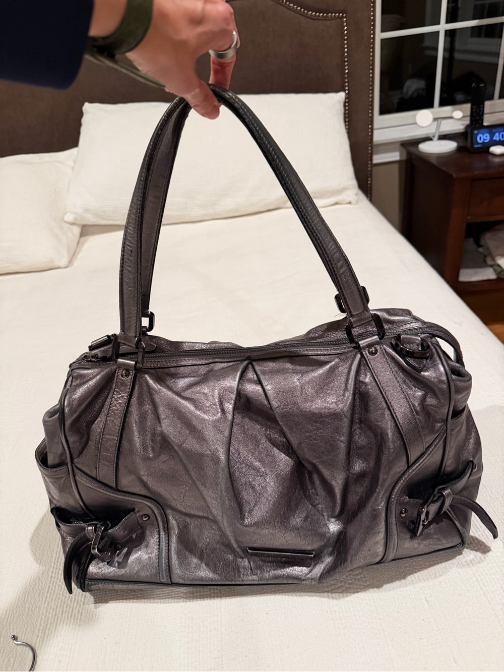 Burberry Leather Shoulder Duffel Bag in Silver